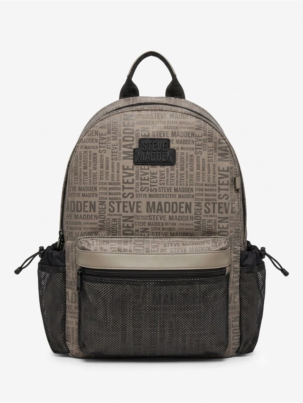 Steve Madden Taupe and Dark Brown Logo Print Backpack with Gold Accent